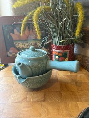 Celadon Ceramic Kyusu Teapot with Matching Bowl